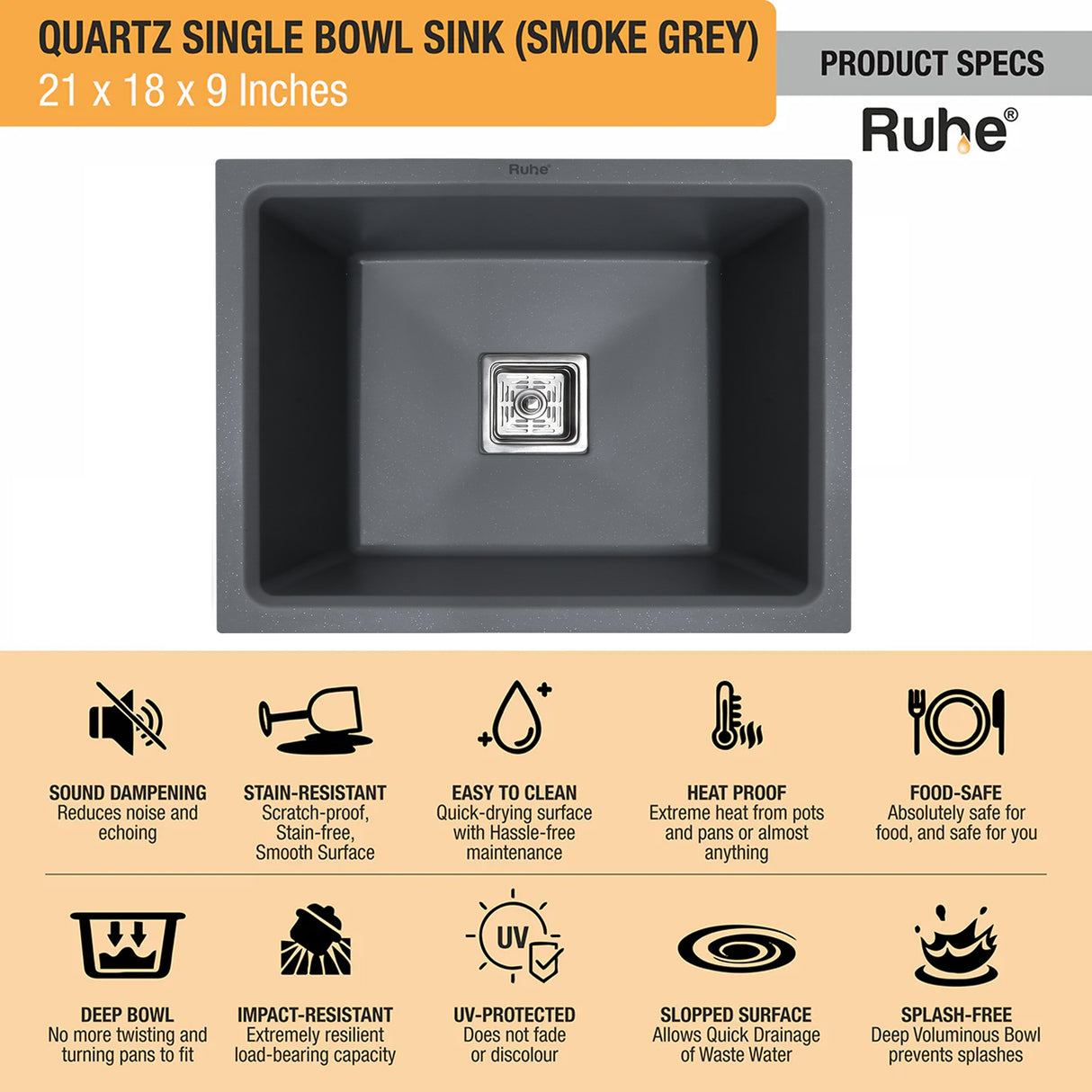 Quartz Single Bowl Kitchen Sink - Smoke Grey (21 x 18 x 9 inches) - by Ruhe®