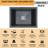Quartz Single Bowl Kitchen Sink - Smoke Grey (21 x 18 x 9 inches) - by Ruhe®