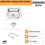 Oval Single Bowl 304-Grade Kitchen Sink (21 x 18 x 8 inches)– by Ruhe