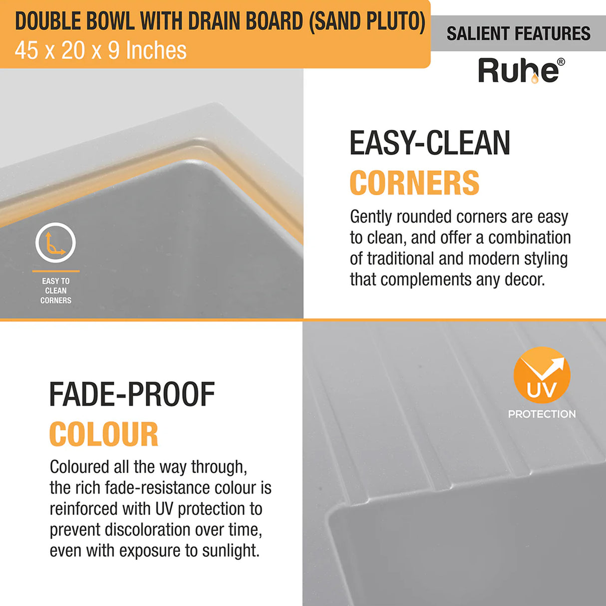 Quartz Double Bowl with Drainboard Kitchen Sink - Sand Pluto (45 x 20 x 9 inches) - by Ruhe®