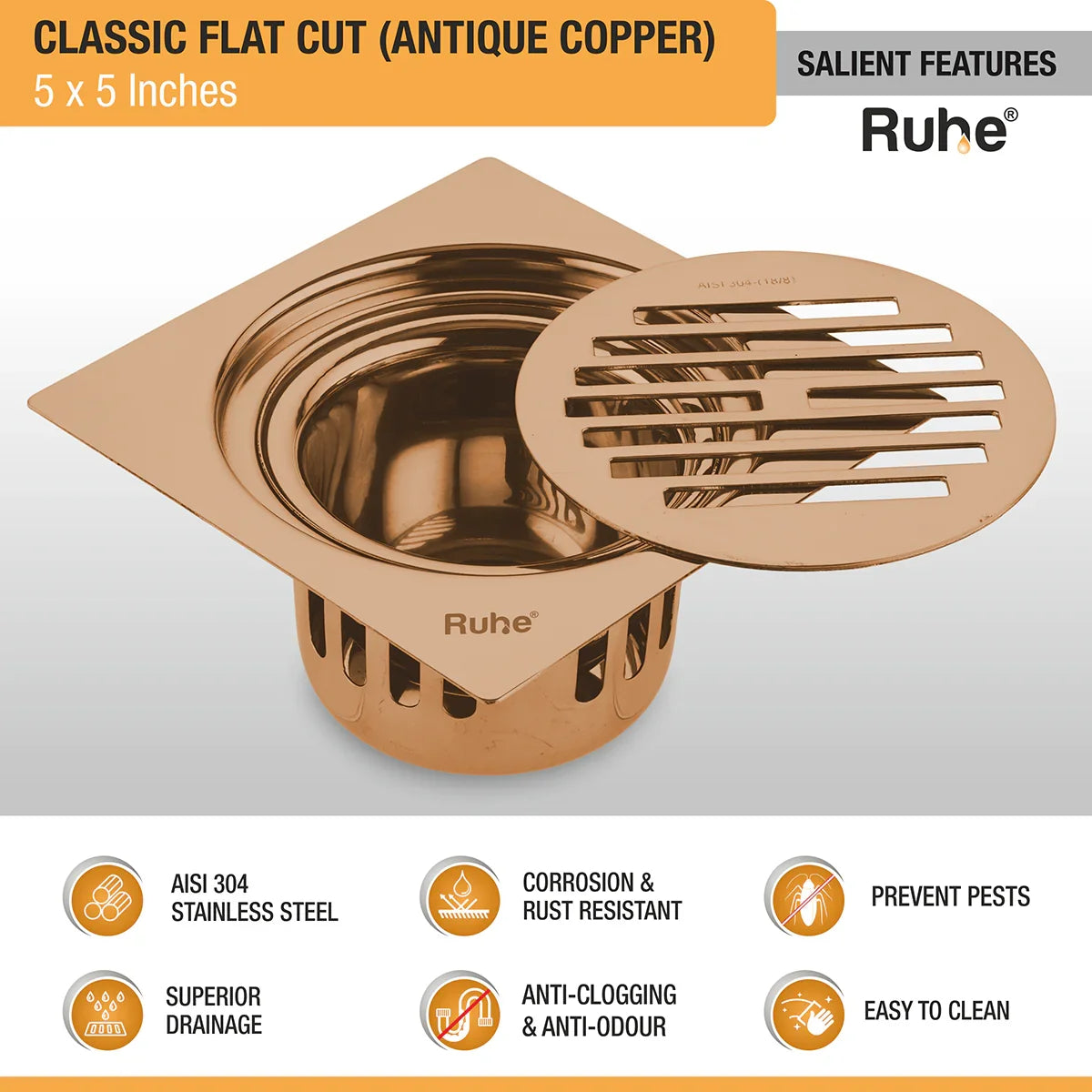 Classic Square Flat Cut Floor Drain in Antique Copper PVD Coating (5 x 5 Inches) - by Ruhe
