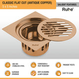 Classic Square Flat Cut Floor Drain in Antique Copper PVD Coating (5 x 5 Inches) features and benefits