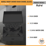 Marble Insert Shower Drain Channel (6 x 6 Inches) Black PVD Coated with drain cover, filter mesh, flowing water core, drain body