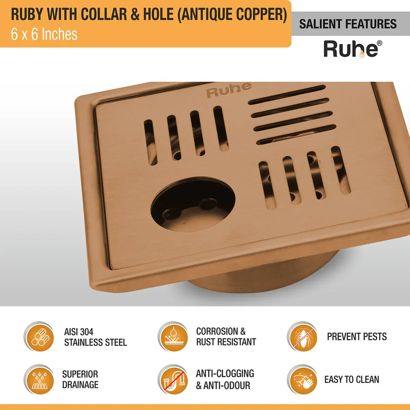 Ruby Square Flat Cut Floor Drain in Antique Copper PVD Coating (6 x 6 Inches) with Hole - by Ruhe