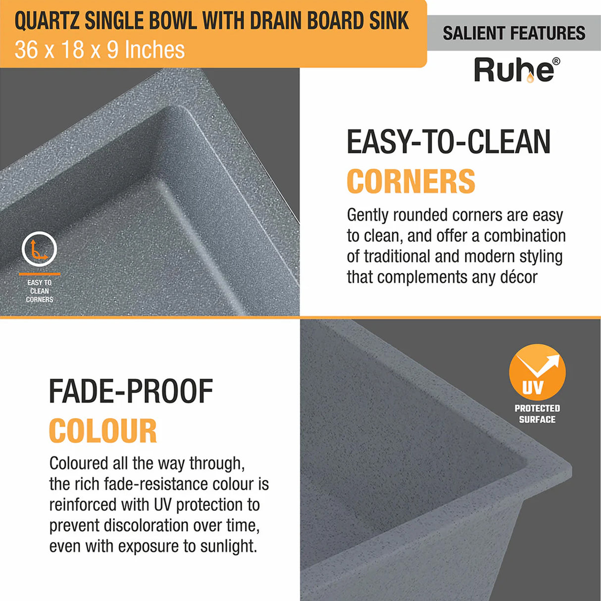 Quartz Single Bowl with Drainboard Kitchen Sink - Smoke Grey (36 x 18 x 9 inches) - by Ruhe