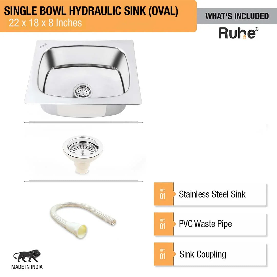 Oval Single Bowl Kitchen Sink (22 x 18 x 8 Inches)