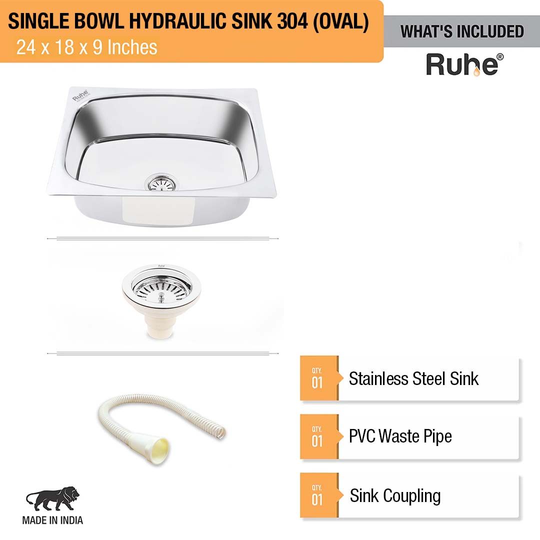 Oval Single Bowl 304-Grade Kitchen Sink (24 x 18 x 9 inches)– by Ruhe