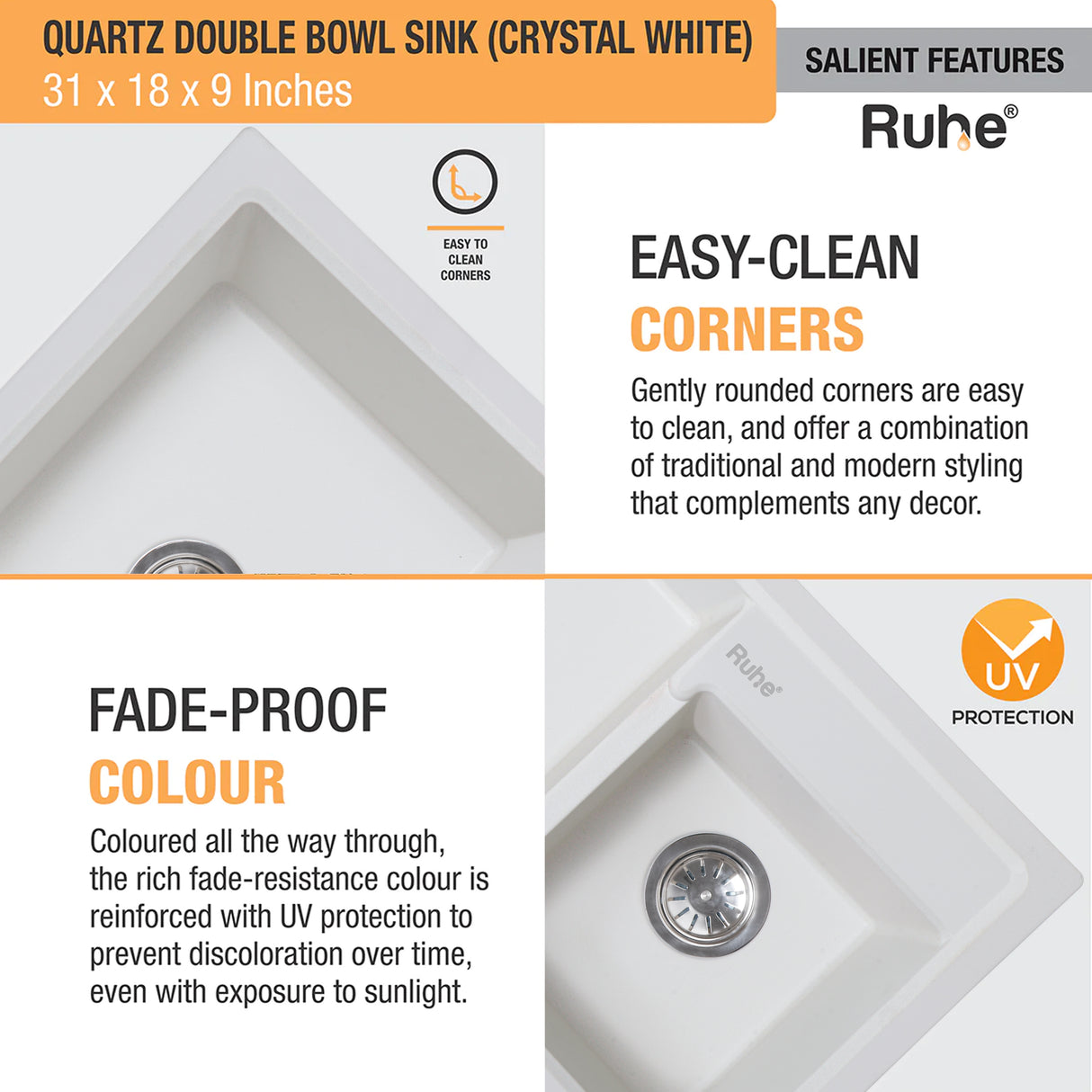 Quartz Double Bowl Kitchen Sink - Crystal White (31 x 18 x 9 inches) - by Ruhe®