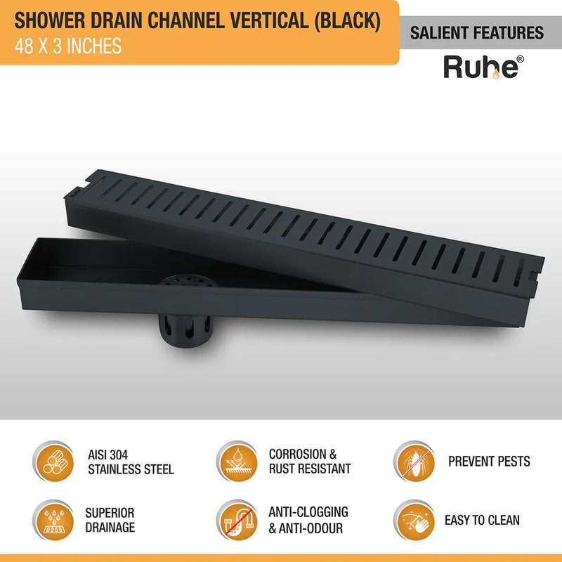 Vertical Shower Drain Channel (48 x 3 Inches) Black PVD Coated - by Ruhe