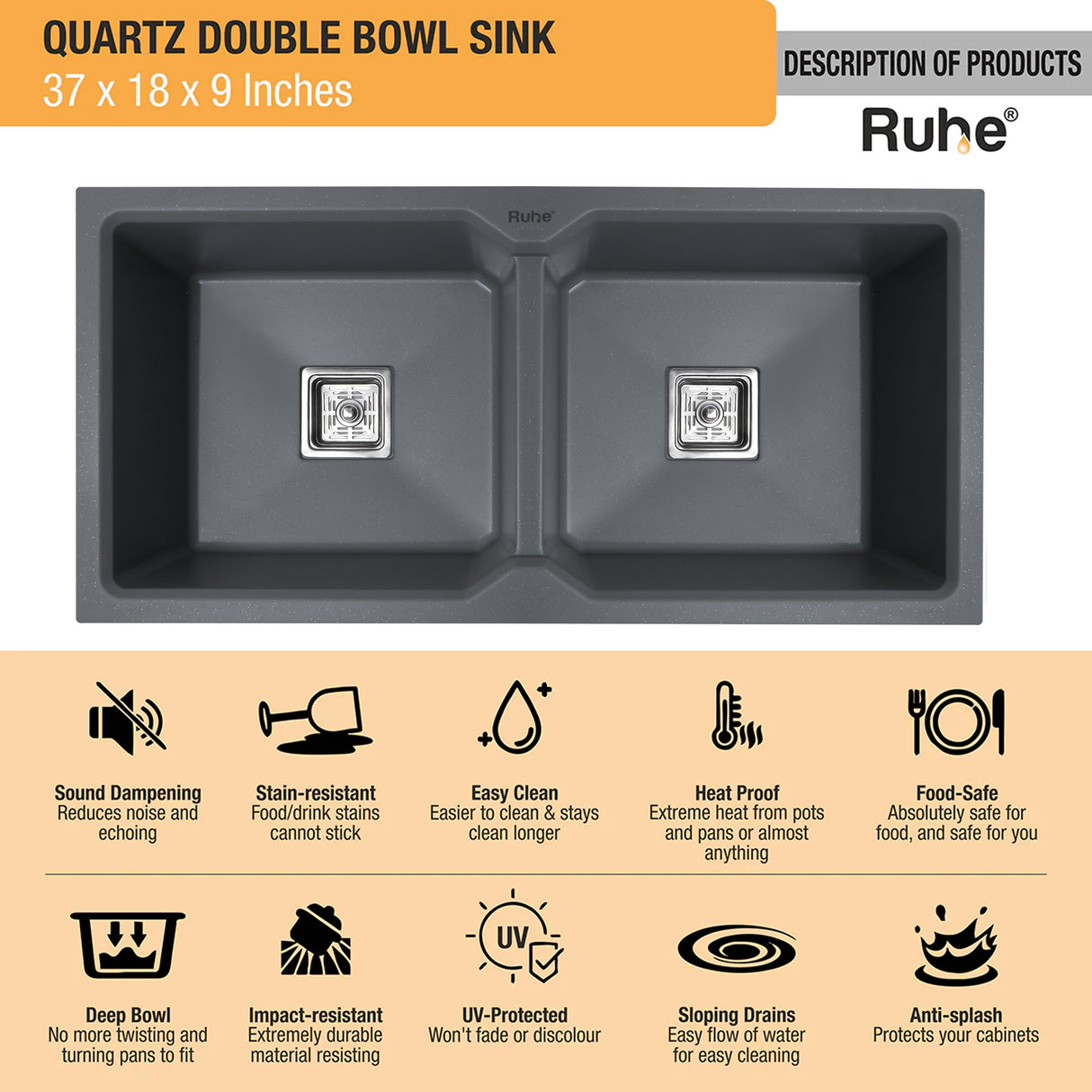 Quartz Double Bowl Kitchen Sink - Smoke Grey (37 x 18 x 9 inches) - by Ruhe