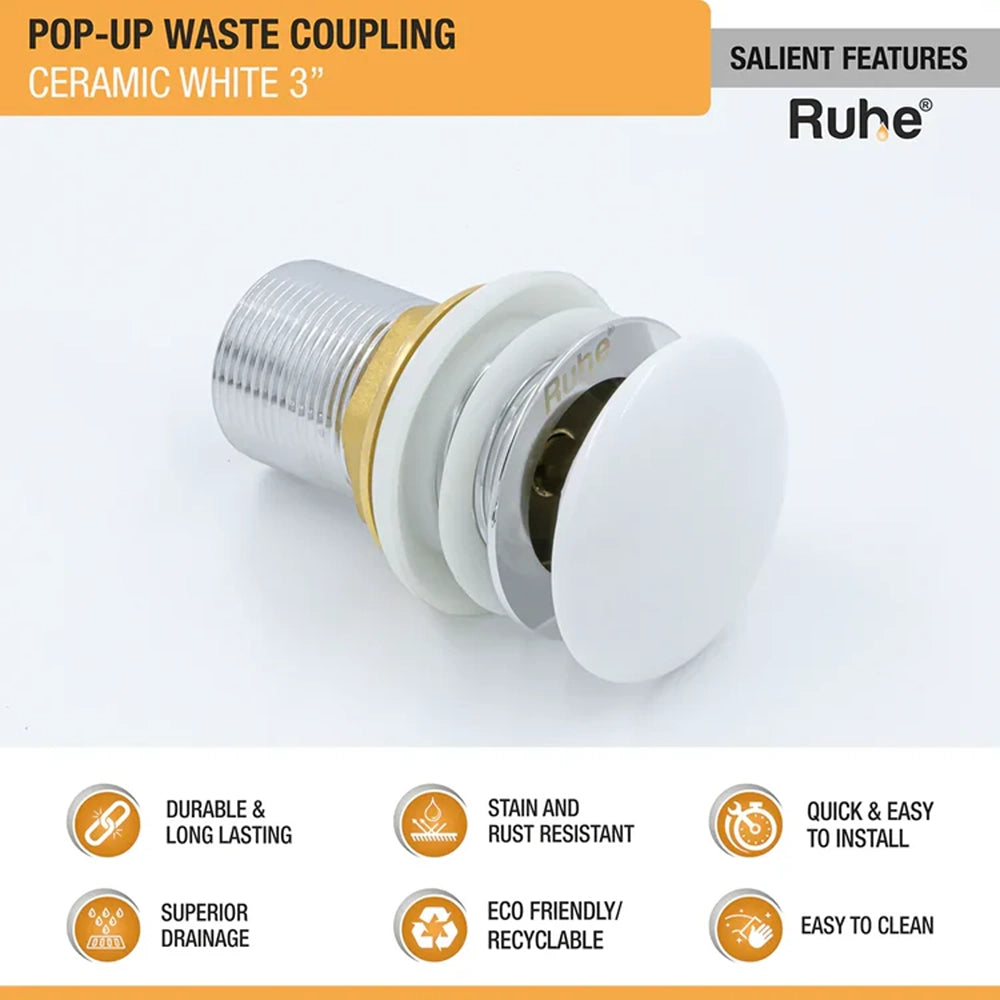 Brass Ceramic Pop-up Waste Coupling for Wash Basin (3 Inches) – White