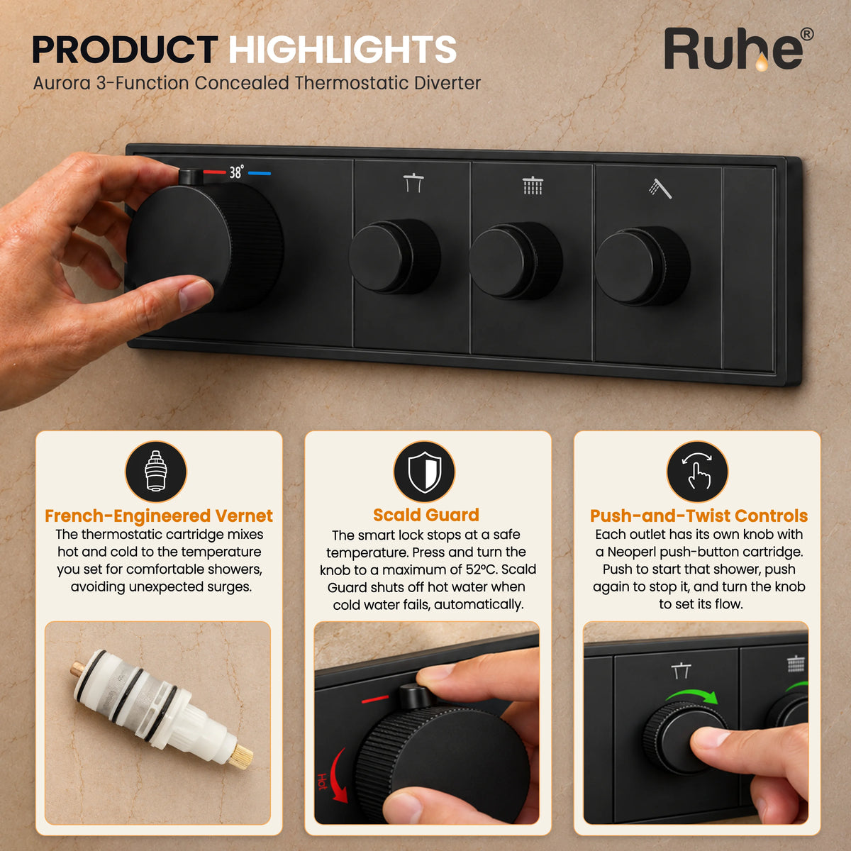 Aurora 3-Function Brass Concealed Thermostatic Diverter – Matt Black