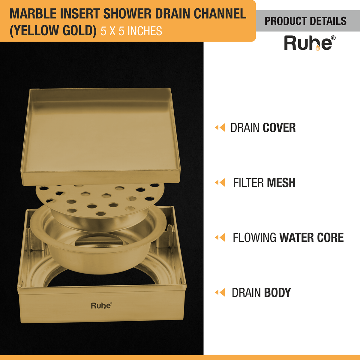 Marble Insert Shower Drain Channel (5 x 5 Inches) YELLOW GOLD PVD Coated with drain cover, filter mesh, drain body