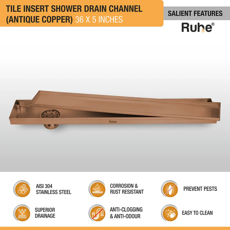 Tile Insert Shower Drain Channel (36 x 5 Inches) Antique Copper PVD Coated - by Ruhe