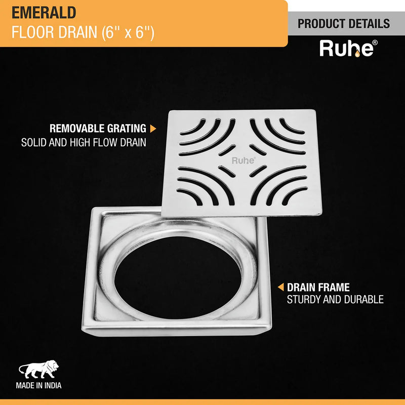 Emerald Square 304-Grade Floor Drain (6 x 6 Inches) - by Ruhe