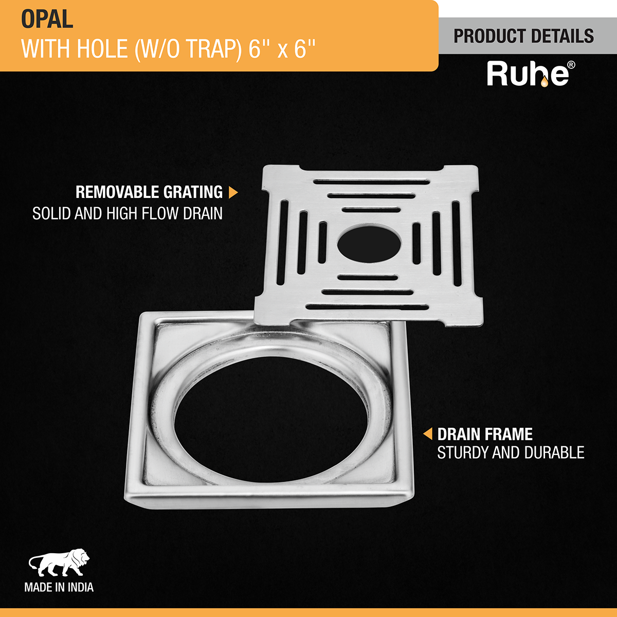 Opal Square 304-Grade Floor Drain with Hole (6 x 6 Inches) - by Ruhe