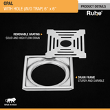 Opal Square 304-Grade Floor Drain with Hole (6 x 6 Inches) - by Ruhe®