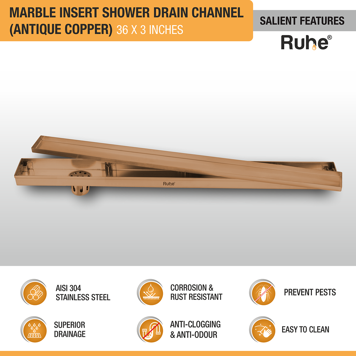 Marble Insert Shower Drain Channel (36 x 3 Inches) ROSE GOLD PVD Coated - by Ruhe®