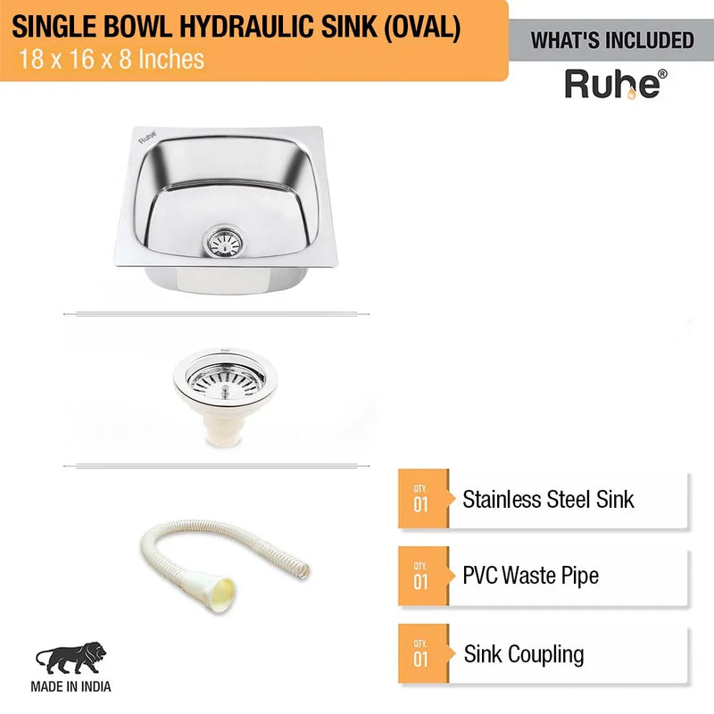 Oval Single Bowl Premium Kitchen Sink (18 x 16 x 8 Inches)