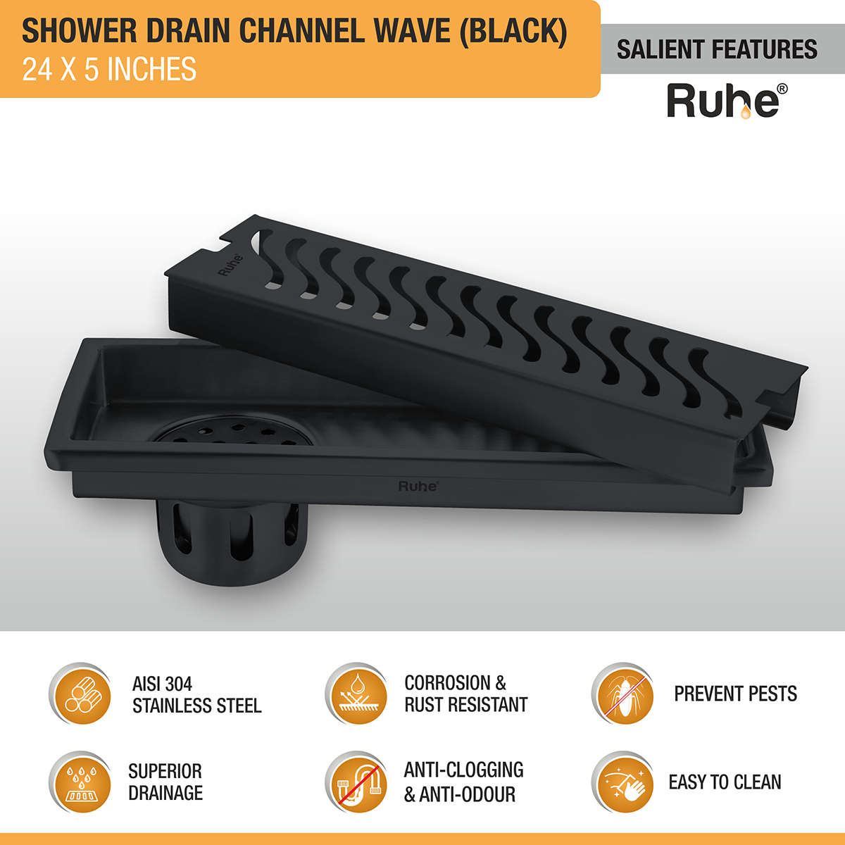 Wave Shower Drain Channel (24 x 5 Inches) Black PVD Coated features and benefits