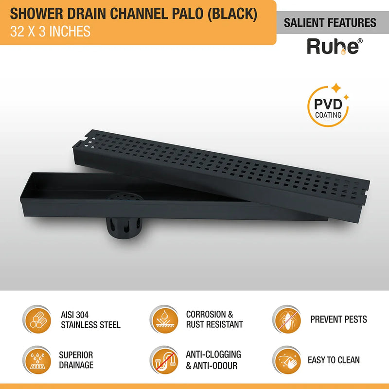 Palo Shower Drain Channel (32 x 3 Inches) Black PVD Coated - by Ruhe