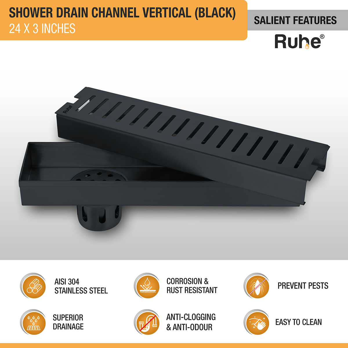 Vertical Shower Drain Channel (24 x 3 Inches) Black PVD Coated features and benefits
