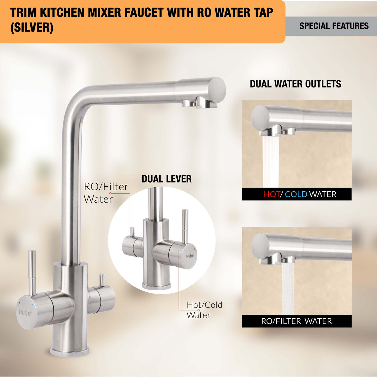 Trim Kitchen Mixer Faucet with RO Water Tap (Silver)