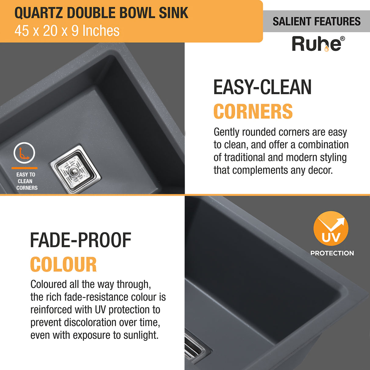 Quartz Double Bowl Kitchen Sink - Smoke Grey (45 x 20 x 9 inches) - by Ruhe®
