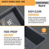 Quartz Double Bowl Kitchen Sink - Smoke Grey (45 x 20 x 9 inches) - by Ruhe®