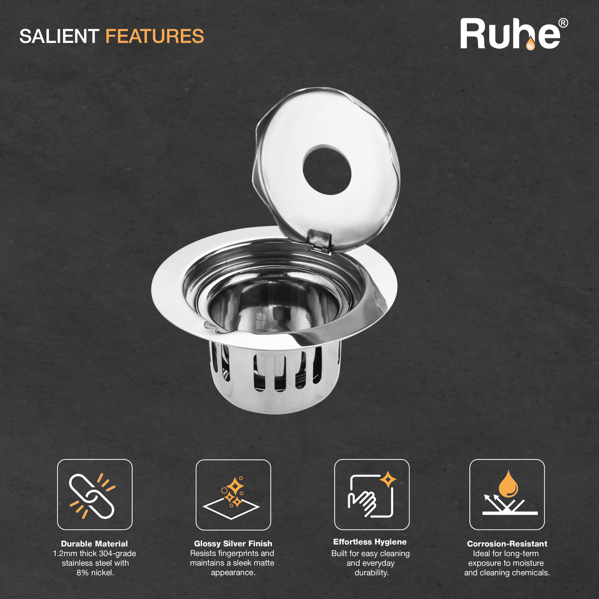 Round Full Moon Floor Drain with Cockroach Trap (5 Inches)