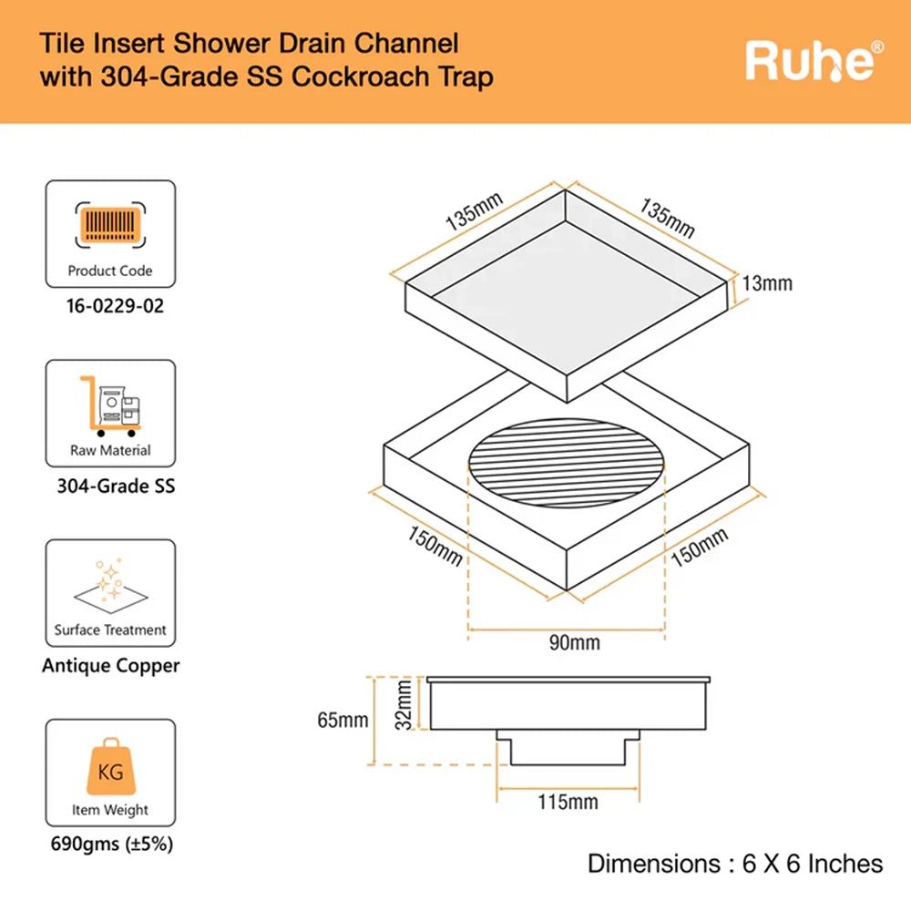 Tile-Insert Shower Drain Channel (6 x 6 Inches)