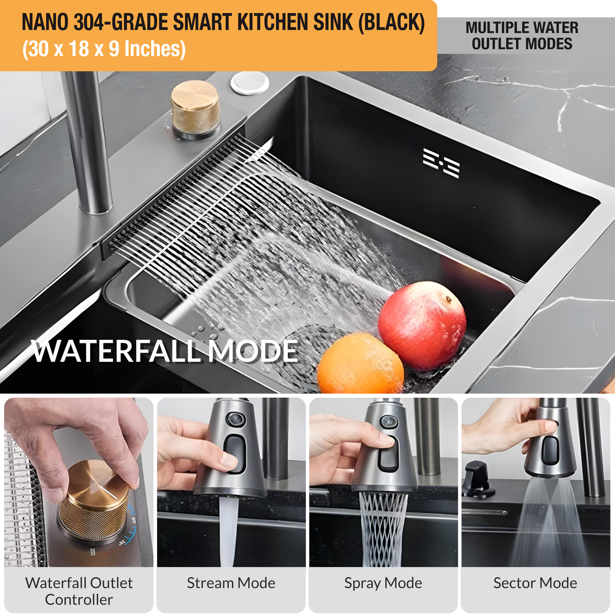 Nano Black 304-Grade Kitchen Sink with Integrated Waterfall, Pull-Out & RO Faucet (30 x 18 x 9 Inches)  - by Ruhe