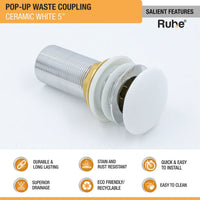 Brass Ceramic Pop-up Waste Coupling for Wash Basin (5 Inches) – White