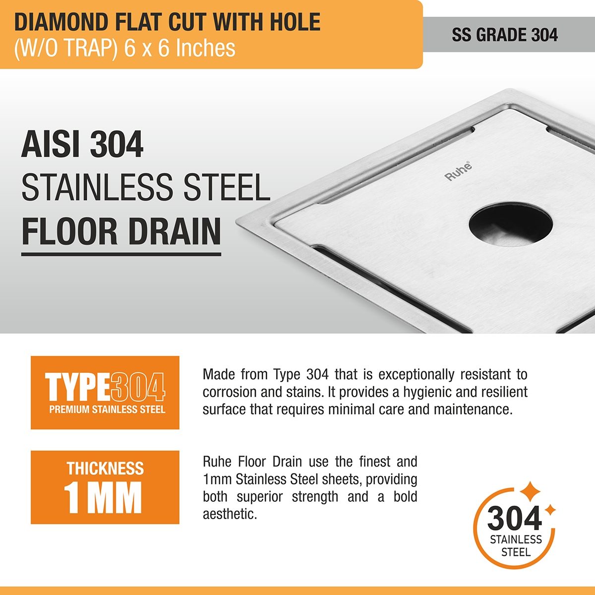Diamond Square Flat Cut 304-Grade Floor Drain with Hole (6 x 6 Inches) stainless steel
