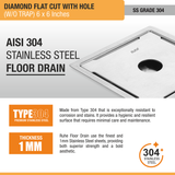 Diamond Square Flat Cut 304-Grade Floor Drain with Hole (6 x 6 Inches) stainless steel