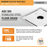 Diamond Square Flat Cut 304-Grade Floor Drain (5 x 5 Inches) - by Ruhe
