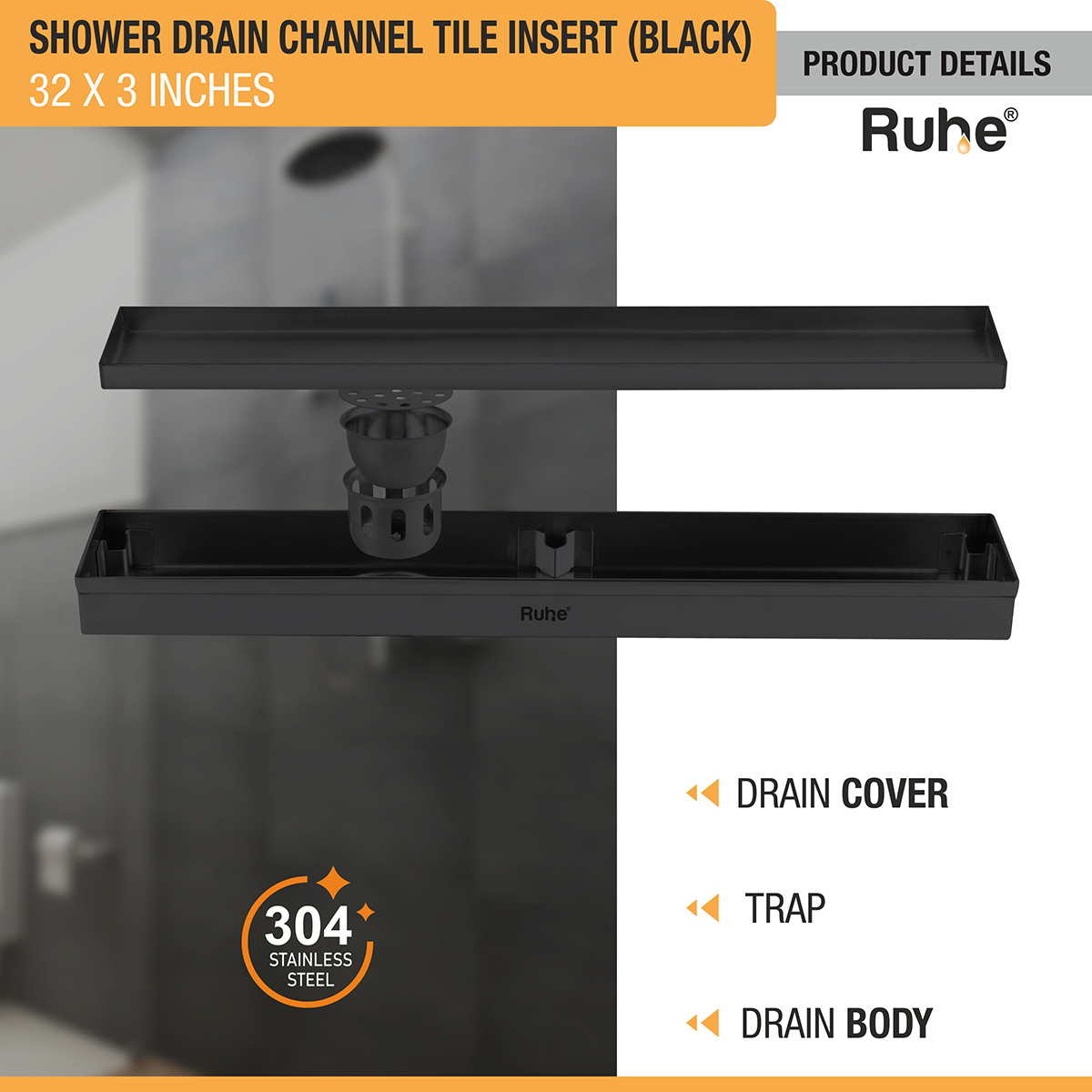 Tile Insert Shower Drain Channel (32 x 3 Inches) Black PVD Coated - by Ruhe®