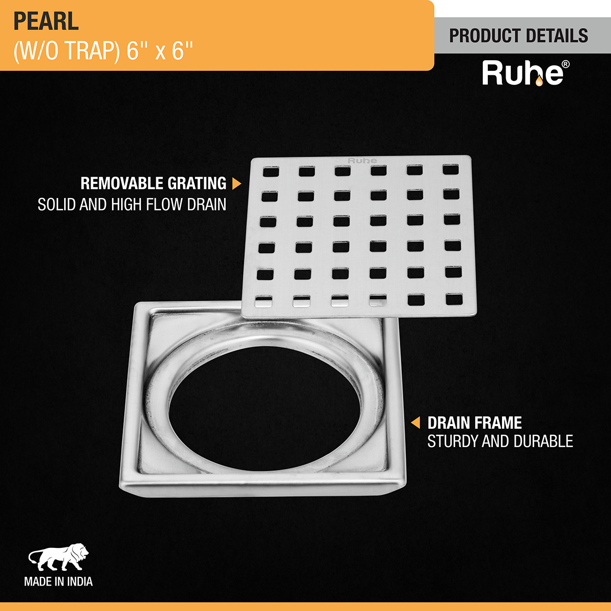 Pearl Square 304-Grade Floor Drain (6 x 6 Inches) - by Ruhe