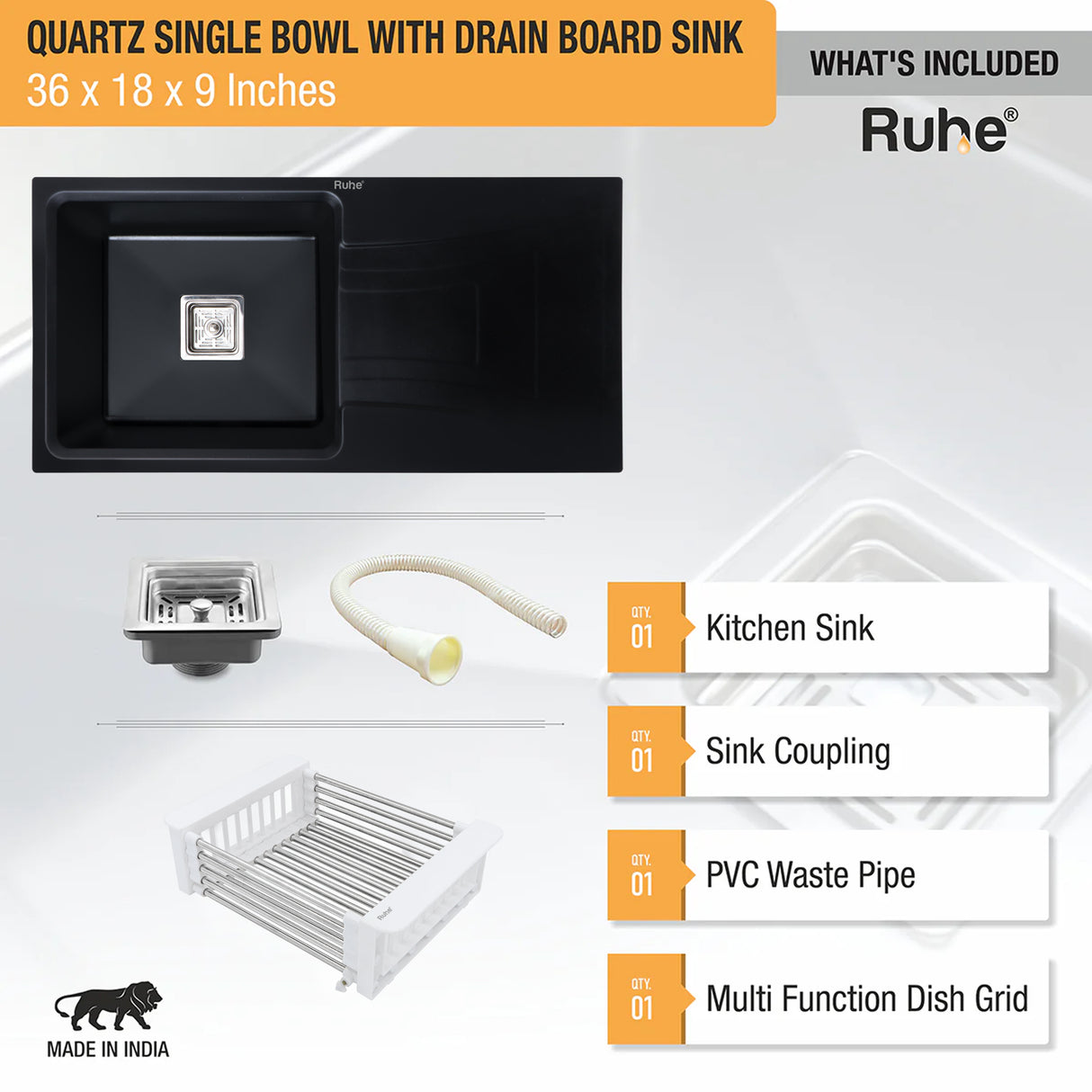 Quartz Single Bowl with Drainboard Kitchen Sink - Matte Black (36 x 18 x 9 inches) - by Ruhe