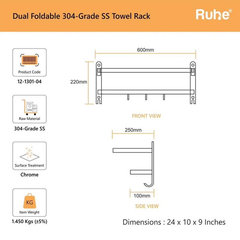 Dual Foldable 304-Grade Towel Rack (24 Inches)