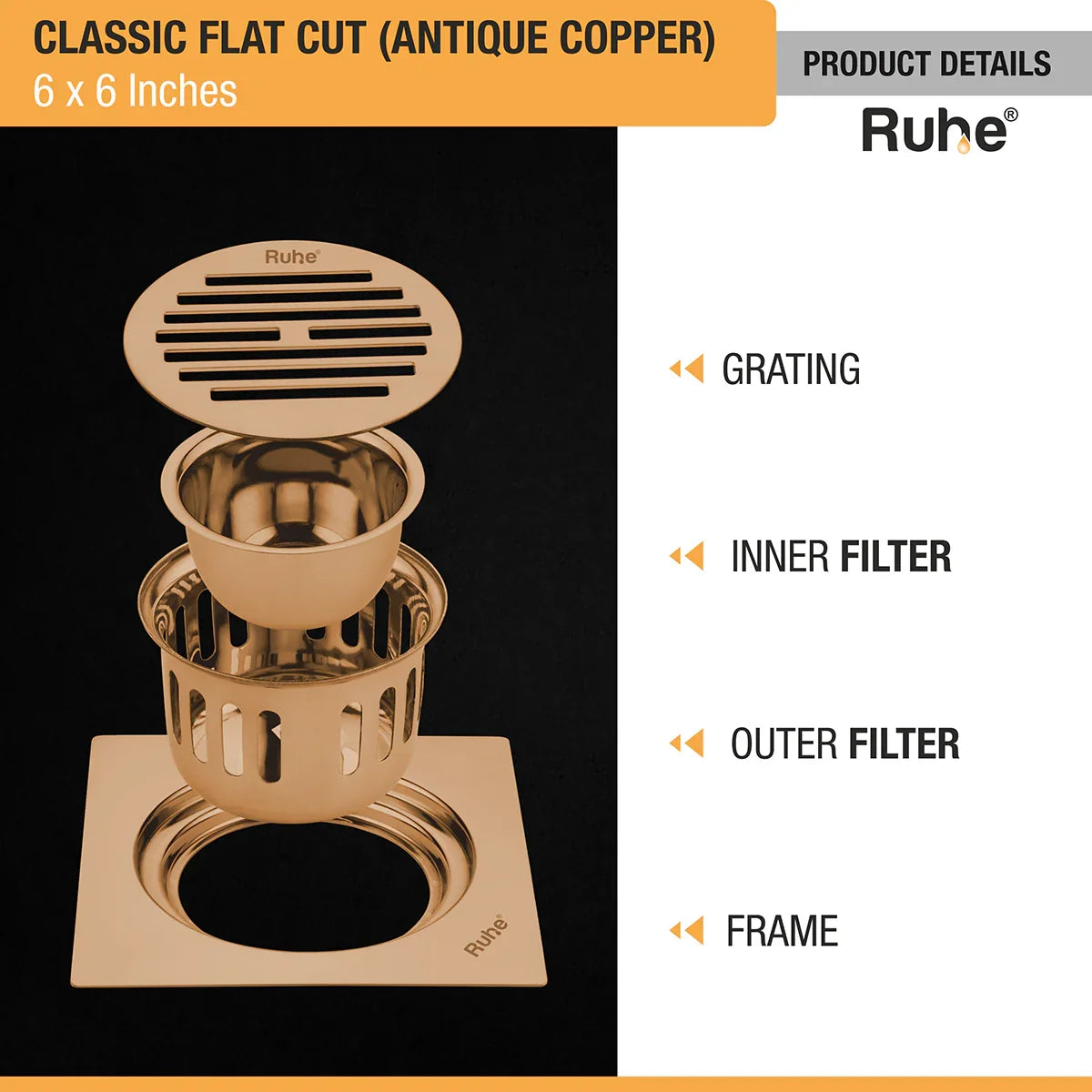 Classic Square Flat Cut Floor Drain in Antique Copper PVD Coating (6 x 6 Inches) - by Ruhe