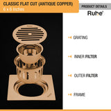 Classic Square Flat Cut Floor Drain in Antique Copper PVD Coating (6 x 6 Inches) with grating, inner filter, outer filter, and frame