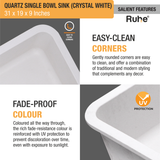 Quartz Single Bowl Kitchen Sink - Crystal White (31 x 19 x 9 inches) - by Ruhe®