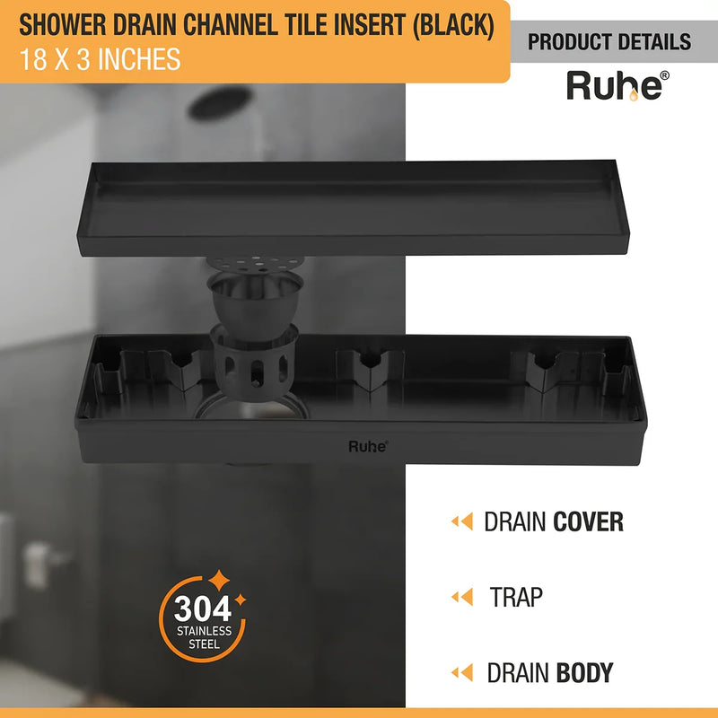 Tile Insert Shower Drain Channel (18 x 3 Inches) Black PVD Coated - by Ruhe