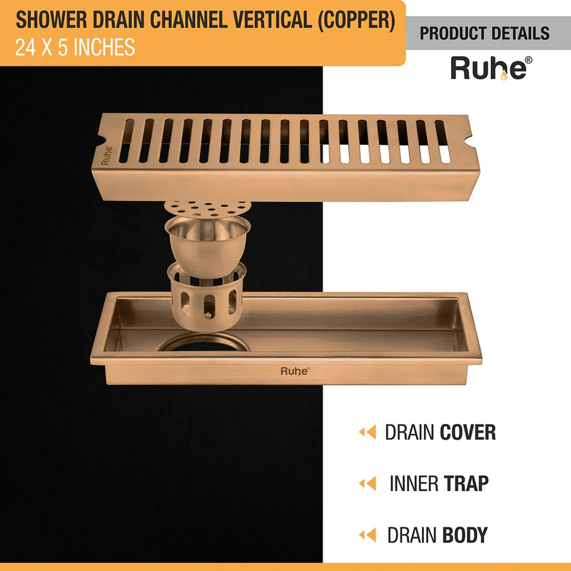 Vertical Shower Drain Channel (24 x 5 Inches) Antique Copper PVD Coated - by Ruhe