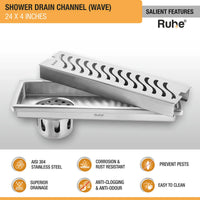 Wave 304-Grade Shower Drain Channel (4 Inches)