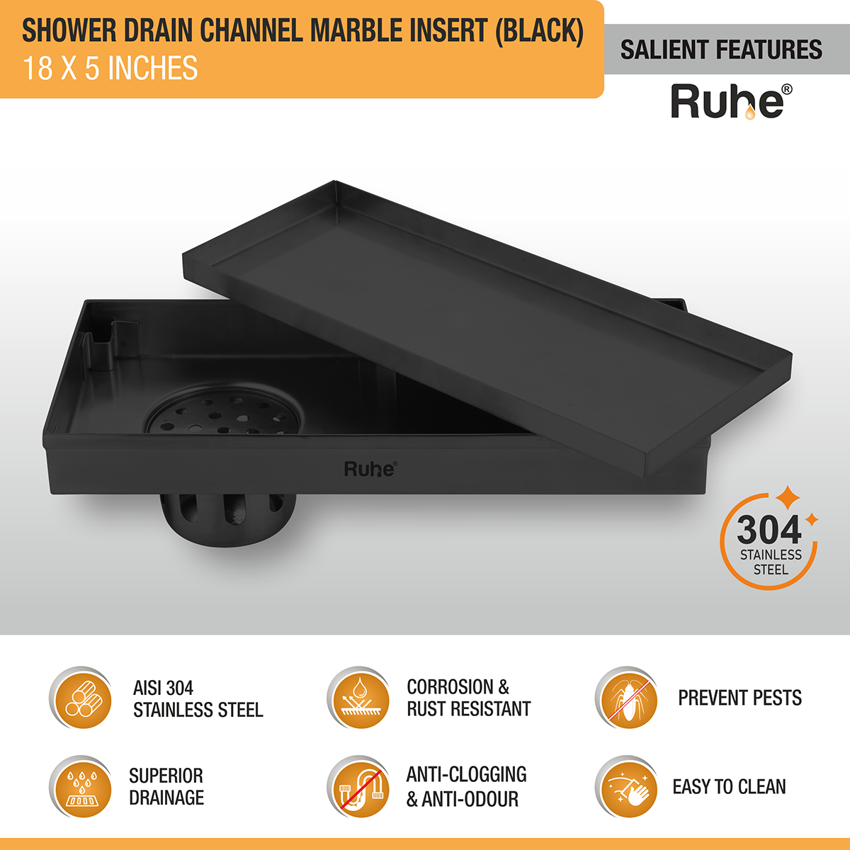 Marble Insert Shower Drain Channel (18 x 5 Inches) Black PVD Coated - by Ruhe®