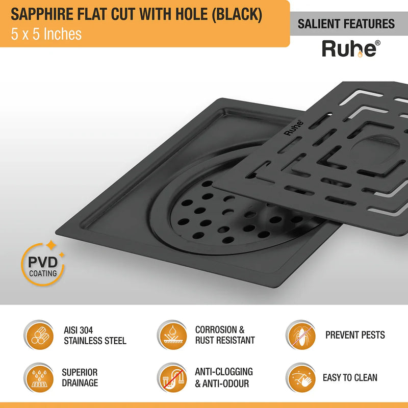Sapphire Square Flat Cut Floor Drain in Black PVD Coating (5 x 5 Inches) with Hole - by Ruhe