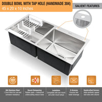 Handmade 304-Grade Double Bowl Kitchen Sink with Tap Hole (45 x 20 x 10 Inches) – Matt Steel