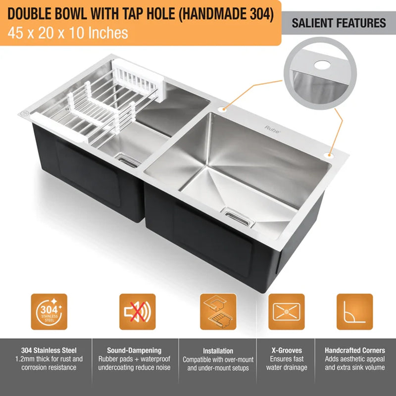 Handmade Double Bowl with Tap Hole Kitchen Sink (45 x 20 x 10 Inches)